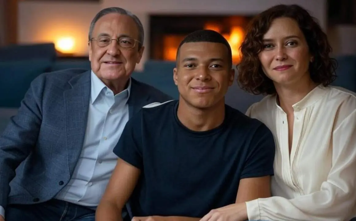 Florentino Pérez, Ayuso y Mbappé, foto generada con IA